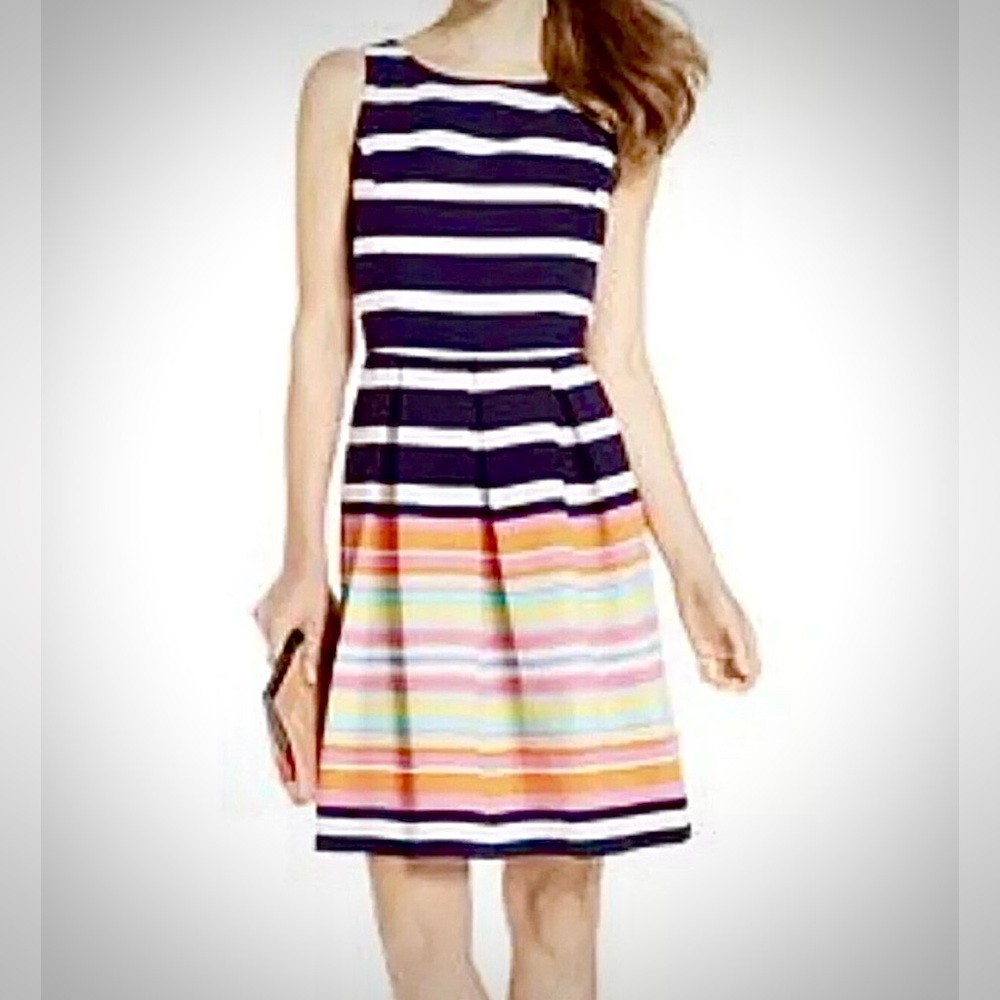 Ronni Nicole Navy and Multicolor Striped Midi Dress